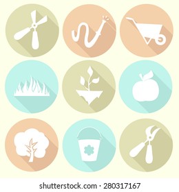 Gardening tools icons set flat design with long shadows
