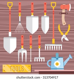 Gardening tools icons set. Hanging gardening equipment. Colorful flat design concepts for web banners, web sites, printed materials, infographics. Creative vector illustration