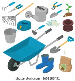 Gardening tools icons set. Isometric set of gardening tools vector icons for web design isolated on white background