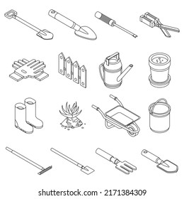 Gardening tools icons set. Isometric set of gardening tools vector icons outline isolated on white background