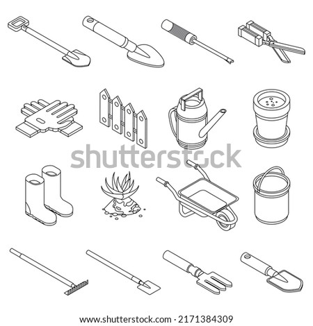 Gardening tools icons set. Isometric set of gardening tools vector icons outline isolated on white background