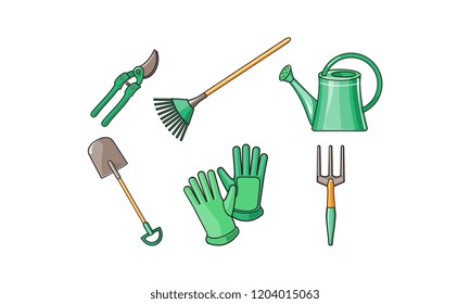 Gardening tools icons set, pruner, shovel, fan rake, gloves, watering can, fork vector Illustration on a white background