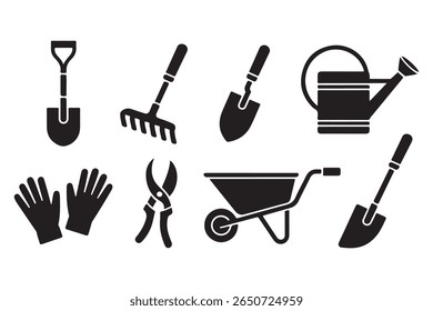 Ferramentas de jardinagem Ícones Pá, Rake, Trowel, Lata de regar, Luvas, Poda, Carrinho de roda	
