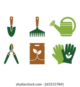 Gardening tools icons shovel rake watering can secateurs seed packet gloves flat design green and brown spring mood