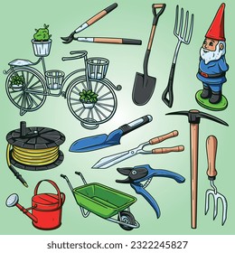 Gardening tools illustration - Set of 12 cute gardening tools, hand drawn