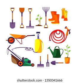 Gardening tools illustration set. Spade, rake, hose, cart. Gardening concept. Can be used for topics like farming, orchard, agriculture