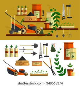 Gardening Tools Illustration. Vector Icon Set In Flat Style Design. Work In Garden Concept. Lawn Mower, Soil, Tools, Flowers, Materials For Planting.