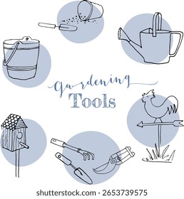 Gardening tools, illustrations, hand drawn, outlines, garden tools, 