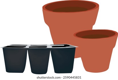 Gardening tools including terracotta pots and seed starter tray are ready for planting