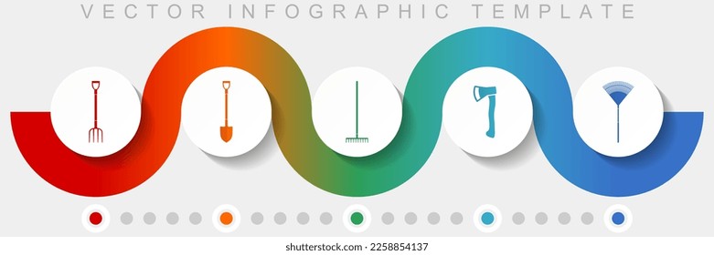 Gardening tools infographic vector template with icon set, miscellaneous icons such as fork, shovel, axe and rake for webdesign and mobile applications