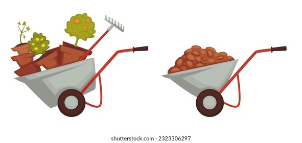 gardening tools and instruments in wheelbarrow, isolated cart with handle and wheel. Plants in pots, saplings and bushes for planting. Yard decoration and landscape design. Vector in flat style