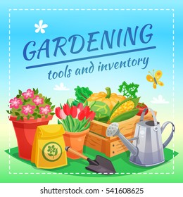 Gardening tools and inventory design concept with package of fertilizer box of farming harvest spade and watering can flat vector illustration 