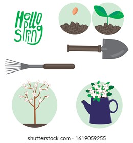 A gardening tools isolated on a white background for design. A vector stock illustration with a flat set of plant, soil, watering can, spade, broom, flowering fruit tree. The farm concept