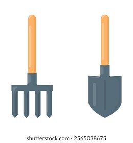 Gardening tools isolated on a white background. Small rake and a garden shovel, shovel with a short handle. Flat design. Colored icon, vector illustration. 