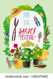 Gardening tools isolated plants cartoon vertical poster. Summer and spring flowers in garden. Vector illustration