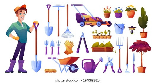 Gardening tools isolated set. Vector seedling and water can, cutters and fertilizer, rubber gloves and pitchfork, wheelbarrow and man gardener with shovel. Rakes and bucket, potted flowers, plants