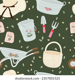 herramientas de jardinería elementos vectores patrón sin fisuras. Flecha de ruedas, sombrero, cubo, cesta, semillas, tina, textura de pala. Fondo de tiempo de primavera