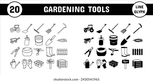 Gardening Tools Line Glyph Vector Illustration Icon Sticker Set Design Materials