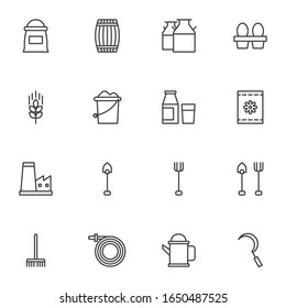 Gartenwerkzeuge Zeile Symbole gesetzt. Sammlung von linearen Stilsymbolen, Umrissschilder für die Landwirtschaft. Grafiken der Vektorillustration. Set enthält Symbole wie Mehlsack, Milchflasche, Hühnereier, Schaufel, Rack, Wasserschlauch