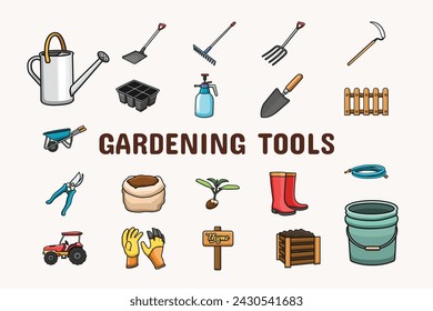 Gardening Tools Lineal Color Vector Illustration Icon Sticker Set Design Materials