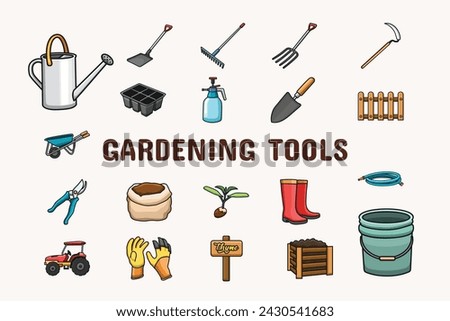 Gardening Tools Lineal Color Vector Illustration Icon Sticker Set Design Materials