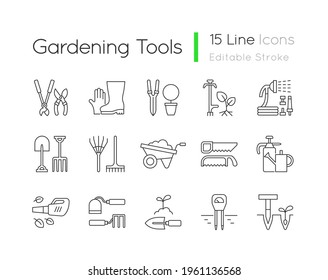 Gardening tools linear icons set. Horticultural implement. Bypass loppers. Gloves, boots. Hosepipe. Customizable thin line contour symbols. Isolated vector outline illustrations. Editable stroke