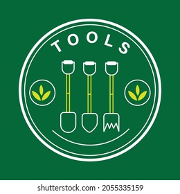 Gardening tools logo with three different hand tools on a square green background