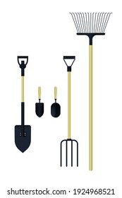 Gardening Tools. Modern Flat Vector Illustration. Shovel, Pitchfork, Garden Trowel, Rake. Social Media Template.