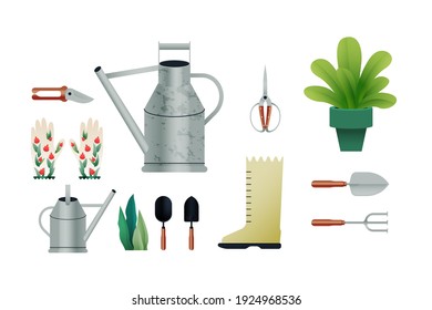 Gardening Tools. Modern Flat Vector Illustration. Garden Trowel, Garden Fork, Variety of Watering Cans, Scissors, Shears, Boots, Garden Gloves, Leaves, Growing Plant in Pot. Social Media Template.