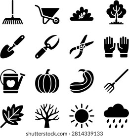 Gardening tools and nature elements icons featuring plants vegetables and weather symbols for creative projects