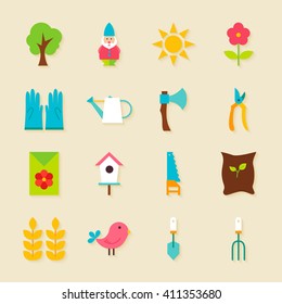 Gardening Tools Objects Set with Shadow. Flat Design Vector Illustration. Collection of Seasonal Garden Colorful Items. Plants and Flowers. 