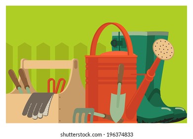 Gardening tools on green background