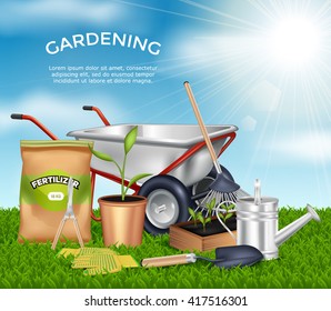 Gardening tools on green grass design concept set in sunlight at blue sky background vector illustration
