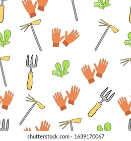 Gardening tools on a white background. Watering can, garden pitchfork, clippers, plants, sprouts on a white background. Isolated.