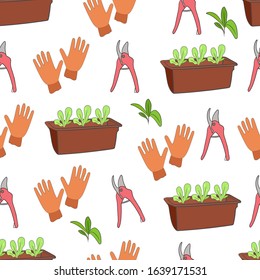 Gardening tools on a white background. Watering can, garden pitchfork, clippers, plants, sprouts on a white background. Isolated.