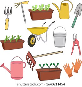 Gardening tools on a white background, set. Isolated objects.