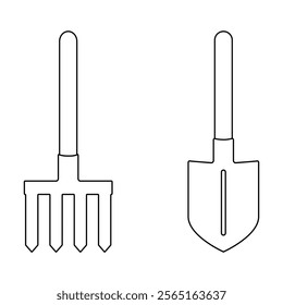 Gardening tools on a white background. Linear icon, illustration.  Editable stroke. Small rake and a garden shovel, shovel with a short handle. Line thickness can be changed.
