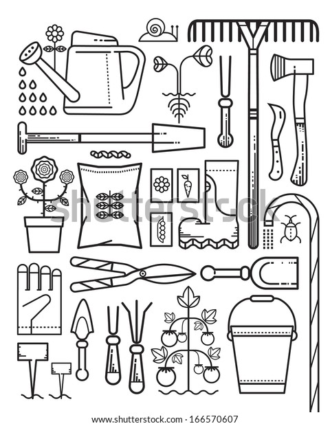 Gardening Tools Outline Stock Vector (Royalty Free) 166570607