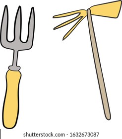 Gardening Tools. Pitchfork, small rake. Isolated elements on a white background.