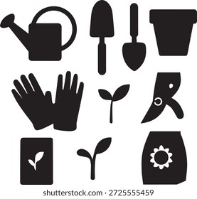 Gardening tools and plant elements isolated on white background, Vector