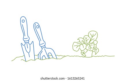 Gardening tools. Gardening or planting concept. Colour line drawing vector illustration.