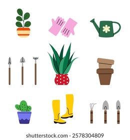 Gardening tools and plants collection – gloves, watering can, pots, boots, shovels, and green houseplants in cartoon style.