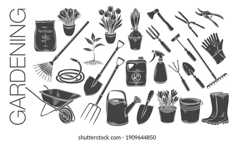 Gartenwerkzeuge und Pflanzen oder Blumen Symbole. Einfarbige Vektorgrafik von Gummistiefeln, Setzern, Tulpen, Gartenkanister und Cutter. Düngemittel, Handschuh, Krokus, Insektizid, Keule und Wasserschlauch.