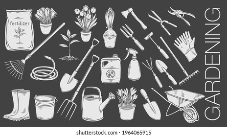 Gardening tools and plants or flowers glyph icons. White on black linocut vector of rubber boots, seedling, tulips, gardening can and cutter. Fertilizer, insecticide, wheelbarrow and watering hose.