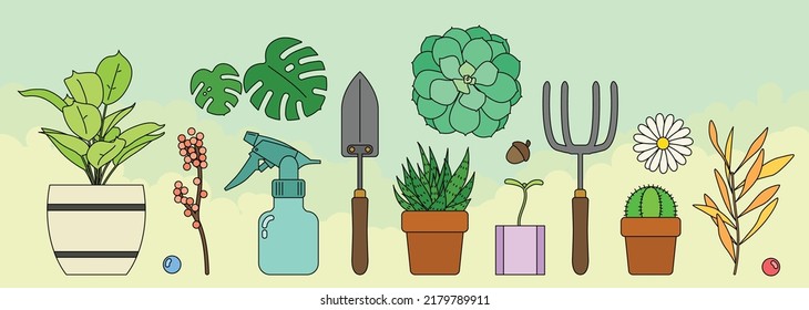Gardening tools, plants, flowers and greenery vector