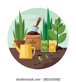 Gardening Tools and Plants in the garden. Vector Illustration