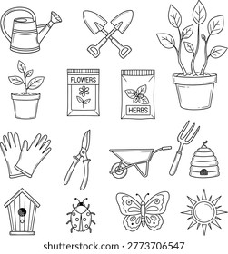 Gardening Tools and Plants in a Hand-Drawn Style