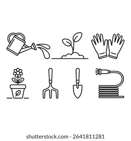 Gardening tools and plants isolated on white background