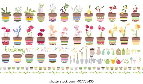 Gardening tools for plants isolated on white. Spring flowers and summer vegetables in pots. Objects for your design, advertisement, posters. 