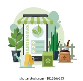 Herramientas de jardinería y plantas. Tienda de jardín en línea. Ilustración vectorial